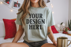 Christmas Bella Canvas 3001 Sage Green Shirt Mockup ,Trandy Product Image 1