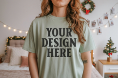 Bella Canvas 3001 Sage Green Christmas Shirt Mockup, Trandy Product Image 1