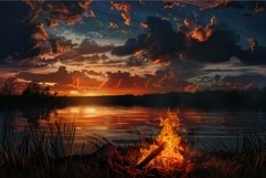 Campfire burning by the lake at sunset reflecting on water Product Image 1