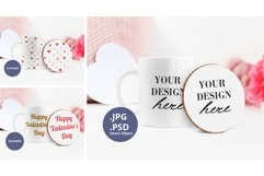 White Coffee Mug & Round Coaster mockup Valentine's Day PSD Product Image 1