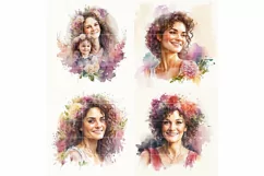 4 Happy Moms with flowers Portrait | Mother's day Watecolor Product Image 3