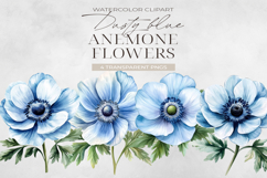 Dusty Blue Anemone Flowers Clipart, Watercolor PNG Product Image 1