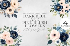 Dark Blue &amp; Blush Pink Flowers Clipart PNG. Product Image 1