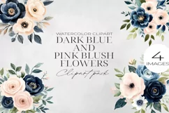 Dark Blue & Blush Pink Flowers Clipart PNG. Product Image 1