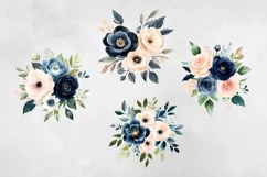 Dark Blue & Blush Pink Flowers Clipart PNG. Product Image 3