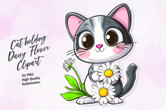 Cat holding daisy flower watercolor clipart Product Image 1