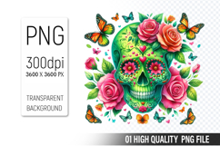 Sugar Skull Clipart PNG, Sublimation Skull Flowers Product Image 1