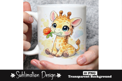 Cute Baby Giraffe Holding Flower Watercolor Animal png Product Image 1
