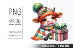 Christmas Cow Clipart PNG, Watercolor Christmas Animals Product Image 1