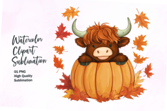 Cute highland cow inside pumpkin fall watercolor clipart Product Image 1