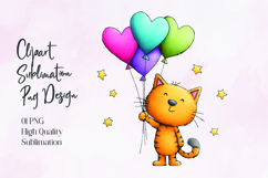 Cute Cat Holding Heart Balloons Sublimation PNG Product Image 1
