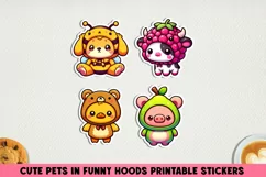 Cute pets in funny hoods printable stickers|Kawaii animals. Product Image 1