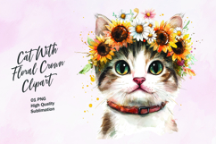 Cat with floral crown watercolor clipart Product Image 1