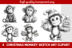Christmas Monkey Sketch Art Clipart | Hand-Drawn Holiday Product Image 1