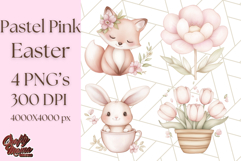 Pastel Pink Easter Bunny Egg and Flowers Clipart PNG Product Image 1