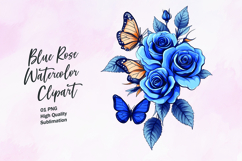 Blue rose with butterfly watercolor clipart sublimation Product Image 1