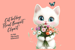 Cat holding floral bouquet watercolor clipart Product Image 1