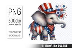4th of July Elephant Clipart, Animal illustration for crafts Product Image 1