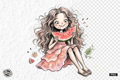 Whimsical Summer Girl &amp; Watermelon Clipart Product Image 1