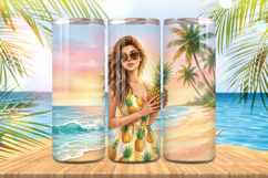 Cute girl in beach with Pineapple Tumbler Wrap PNG Sublimati Product Image 1