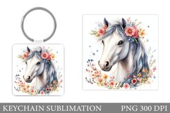 Horse Keychain Sublimation. Horse Flowers Keychain Design Product Image 1