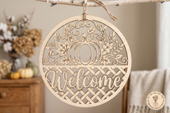 Fall Welcome Sign SVG, Pumpkin Door Hanger Laser Cut File Product Image 1