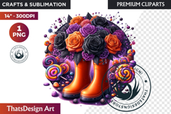 Halloween Floral Rain Boots - Cute Witchy Garden Clipart PNG Product Image 1