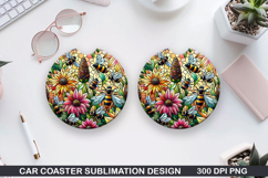 Flower Car Coaster Sublimation| Summer Flowers Coaster PNG Product Image 1
