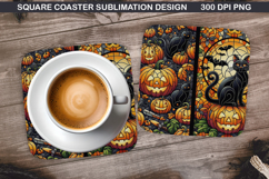 Halloween Cat Coaster Sublimation, Halloween Coaster PNG Product Image 1