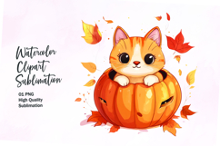 Cute cat inside pumpkin fall watercolor clipart Product Image 1
