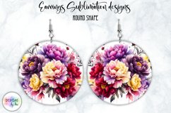 Peony Earrings Sublimation | Round Earrings PNG | Flowers Product Image 1