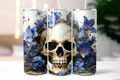 Scull with Blue Flowers Tumbler Wrap | Vintage Halloween PNG Product Image 2