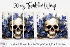 Scull with Blue Flowers Tumbler Wrap | Vintage Halloween PNG Product Image 1