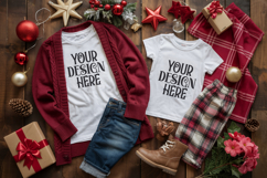 Christmas Family Matching Shirt Mockup | Cozy Boho Flat Lay Product Image 1