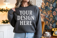 Gildan 18000 Dark Heather Mockup , Crewneck Sweatshirt Boho Product Image 1
