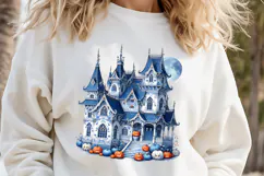 Cute blue Halloween haunted house clipart t shirt design png Product Image 2