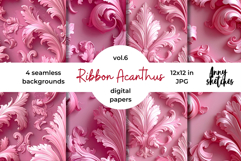 Floral Ribbon Digital Paper Kit Rococo Valentine Patterns Product Image 1