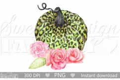 Green Leopard pumpkin clipart with watercolor pink flowers Product Image 1