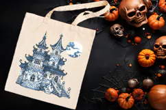 Cute blue Halloween haunted house clipart t shirt design png Product Image 1