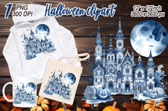 Cute blue Halloween haunted house clipart t shirt design png Product Image 2