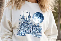 Cute blue Halloween haunted house clipart t shirt design png Product Image 1