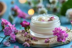 Jar of natural cosmetics cream with fresh flowers is standin Product Image 1