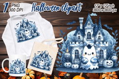 Cute blue Halloween haunted house clipart t shirt design png Product Image 2