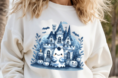 Cute blue Halloween haunted house clipart t shirt design png Product Image 3