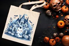 Cute blue Halloween haunted house clipart t shirt design png Product Image 1