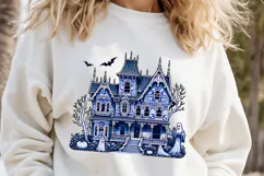 Cute blue Halloween haunted house clipart t shirt design png Product Image 1