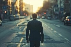 Businessman walking in the middle of empty city street Product Image 1