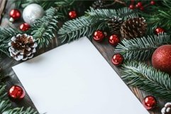 Blank paper surrounded by christmas decoration on wooden bac Product Image 1