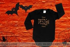 Black Baby Bodysuit Mockup. Long sleeve baby bodysuit Halloween mock up