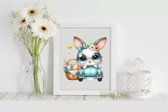 Easter Bunny Driving a Green Car Egg Flower Sun , Clipart Product Image 2